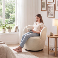 Swivel Barrel Chairs, Set of 2, Boucle with Black Metal Legs