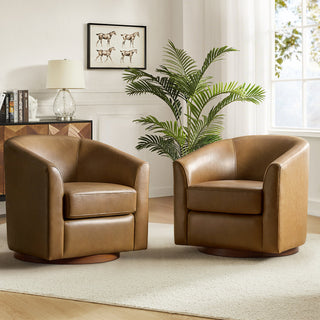 Swivel Barrel Chairs, Set of 2, Camel Leather with Brown Wood Legs