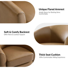 Swivel Barrel Chairs, Set of 2, Camel Leather with Brown Wood Legs