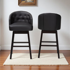 Swivel Barstool in Black Faux Leather with Espresso Brown Rubberwood Legs