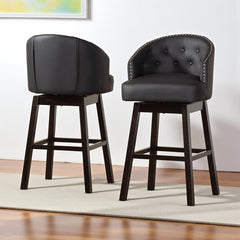 Swivel Barstool in Black Faux Leather with Espresso Brown Rubberwood Legs