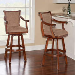Swivel Barstool with Arms, Cherry Rubberwood Frame with Brown Tweed Seat