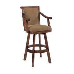 Swivel Barstool with Arms, Cherry Rubberwood Frame with Brown Tweed Seat