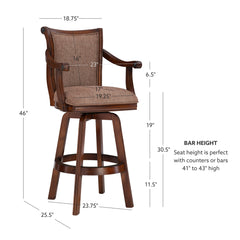 Swivel Barstool with Arms, Cherry Rubberwood Frame with Brown Tweed Seat