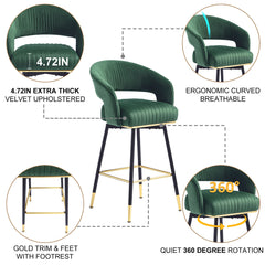 Swivel Chairs, Set of 2, Green Velvet Seat, Black Metal Frame