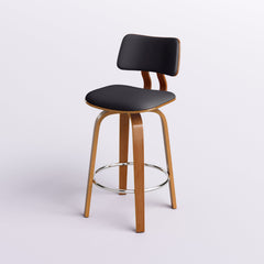 Swivel Counter Stool, Solid Walnut Frame, Black Faux Leather Seat