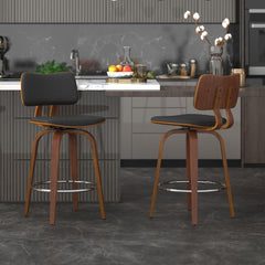 Swivel Counter Stool, Solid Walnut Frame, Black Faux Leather Seat