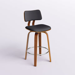 Swivel Counter Stool, Solid Walnut Frame, Black Faux Leather Seat