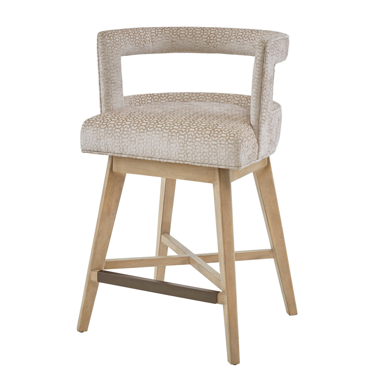 Swivel Counter Stool with Low Back and Solid Wood Legs, Cream Geometric
