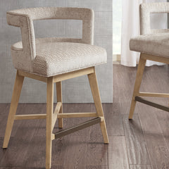 Swivel Counter Stool with Low Back and Solid Wood Legs, Cream Geometric