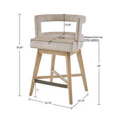 Swivel Counter Stool with Low Back and Solid Wood Legs, Cream Geometric