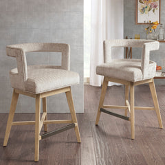 Swivel Counter Stool with Low Back and Solid Wood Legs, Cream Geometric