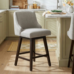 Swivel Counter Stool with Upholstered Seat, Walnut Pine Frame
