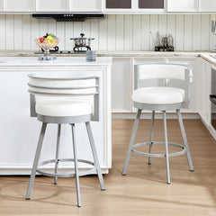 Swivel Counter Stools, Set of 2, Beige Faux Leather with Silver Steel Frame