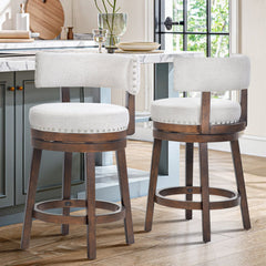 Swivel Counter Stools, Set of 2, Beige Upholstered Seat with Dark Brown Base