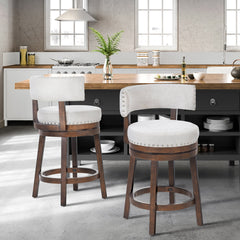 Swivel Counter Stools, Set of 2, Beige Upholstered Seat with Dark Brown Base