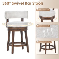 Swivel Counter Stools, Set of 2, Beige Upholstered Seat with Dark Brown Base