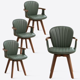 Swivel Dining Armchairs, Set of 4, Green Faux Leather with Bamboo Legs