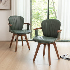 Swivel Dining Armchairs, Set of 4, Green Faux Leather with Bamboo Legs