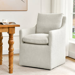 Swivel Dining Chair in Cream White Linen with Solid Wood Frame