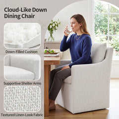 Swivel Dining Chair in Cream White Linen with Solid Wood Frame