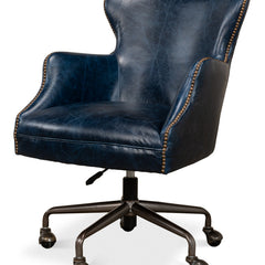 Swivel Executive Chair, Chateau Blue Leather with Black Iron Frame