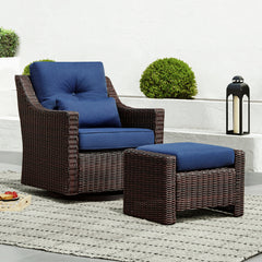 Swivel Glider Chair and Ottoman in Wicker with Blue and Brown Cushions