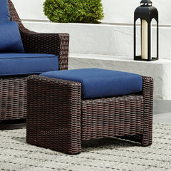 Swivel Glider Chair and Ottoman in Wicker with Blue and Brown Cushions
