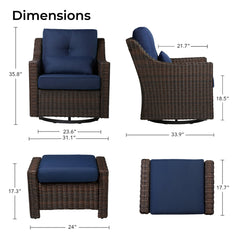Swivel Glider Chair and Ottoman in Wicker with Blue and Brown Cushions