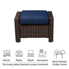 Swivel Glider Chair and Ottoman in Wicker with Blue and Brown Cushions