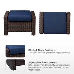 Swivel Glider Chair and Ottoman in Wicker with Blue and Brown Cushions