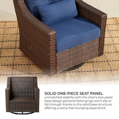 Swivel Glider Chair and Ottoman in Wicker with Blue and Brown Cushions