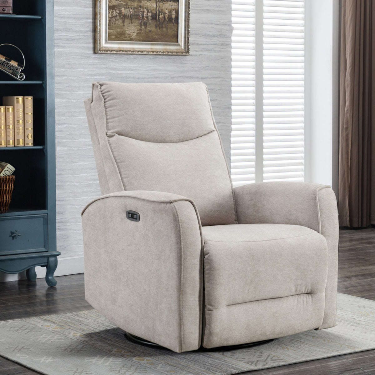 Swivel Glider Recliner in Beige Polyester Blend with USB Port