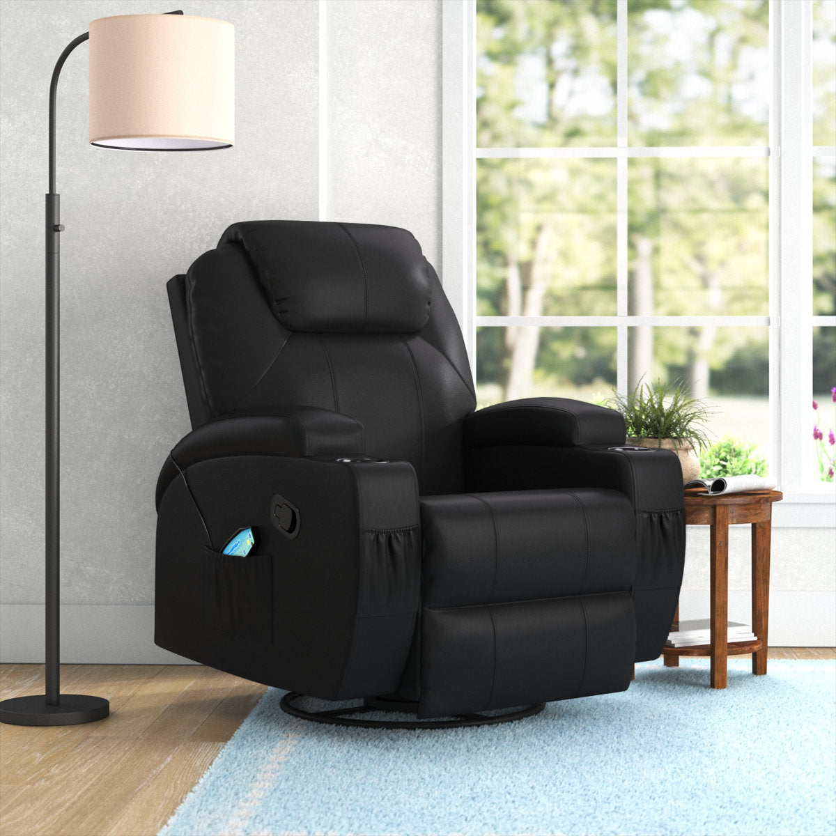 Swivel Power Recliner with Massage in Black Faux Leather