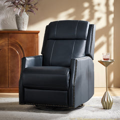 Swivel Recliner in Navy Genuine and Vegan Leather with Black Metal Legs