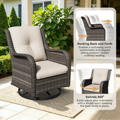 Swivel Rocking Chair in Hand-Woven PE Wicker with Beige Cushions