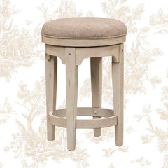 Swivel Stool, Ivory Chenille Seat, Wood Frame, Off White Base