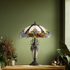 Table Lamp, 24.5 in H, Ivory Stained Glass Shade with Antique Bronze Base