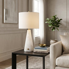 Table Lamp, 26 in H, Alabaster Base with White Drum Shade