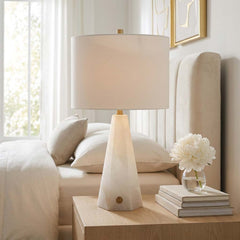 Table Lamp, 26 in H, Alabaster Base with White Drum Shade