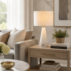 Table Lamp, 26 in H, Alabaster Base with White Drum Shade