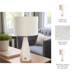 Table Lamp, 26 in H, Alabaster Base with White Drum Shade