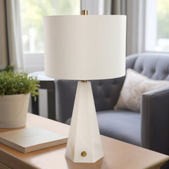 Table Lamp, 26 in H, Alabaster Base with White Drum Shade