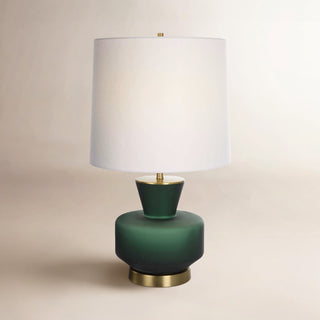 Table Lamp, 28 in H, Emerald Green Glass Base with White Linen Shade