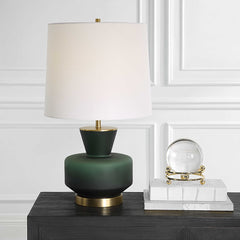 Table Lamp, 28 in H, Emerald Green Glass Base with White Linen Shade