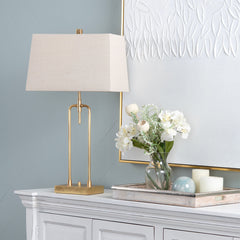 Table Lamp, 30 in Tall, Gold Arch with Oatmeal Linen Shade