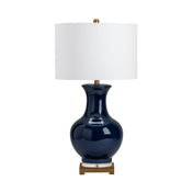 Table Lamp, 31.75 Inch Height, Navy Base with White Linen Shade