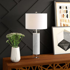 Table Lamp, 32 In, Marble and Crystal Base with White Cotton Drum Shade