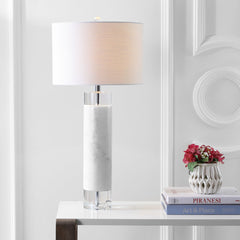 Table Lamp, 32 In, Marble and Crystal Base with White Cotton Drum Shade
