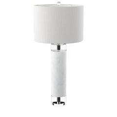 Table Lamp, 32 In, Marble and Crystal Base with White Cotton Drum Shade